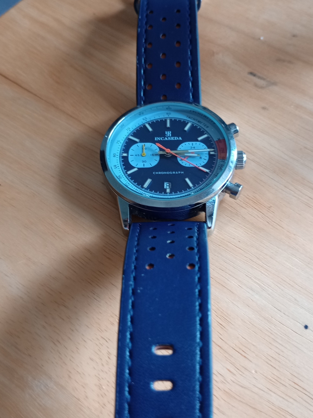 Incaseda Blue Dial Chronograph Watch with Perforated Navy Strap Excellent Cond.